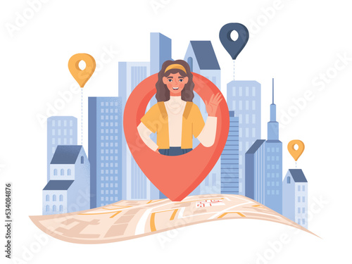 Current location concept. Portrait of woman marked on map, geolocation and navigation, orientation in place. User address and application or program with GPS. Cartoon flat vector illustration