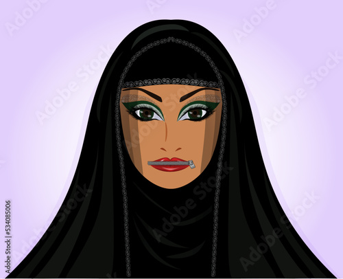 Muslim Arab woman in hijab, mouth closed with a zipper, background vector illustration