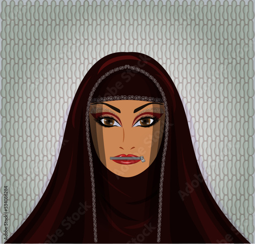 Muslim  woman in hijab, mouth closed with a zipper, Burka is like a prison.  wallpaper vector illustration