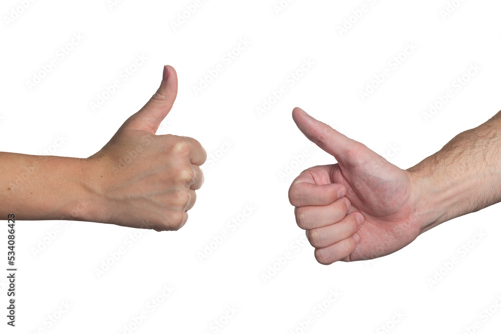 Isolated thumbs up hand gesture between a young man and woman Isolated thumbs up hand gesture between a young man and woman