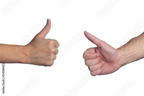 Isolated thumbs up hand gesture between a young man and woman