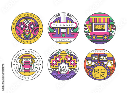 Food and music festival round labels set. Music, beer, burger fest colorful badges vector illustration