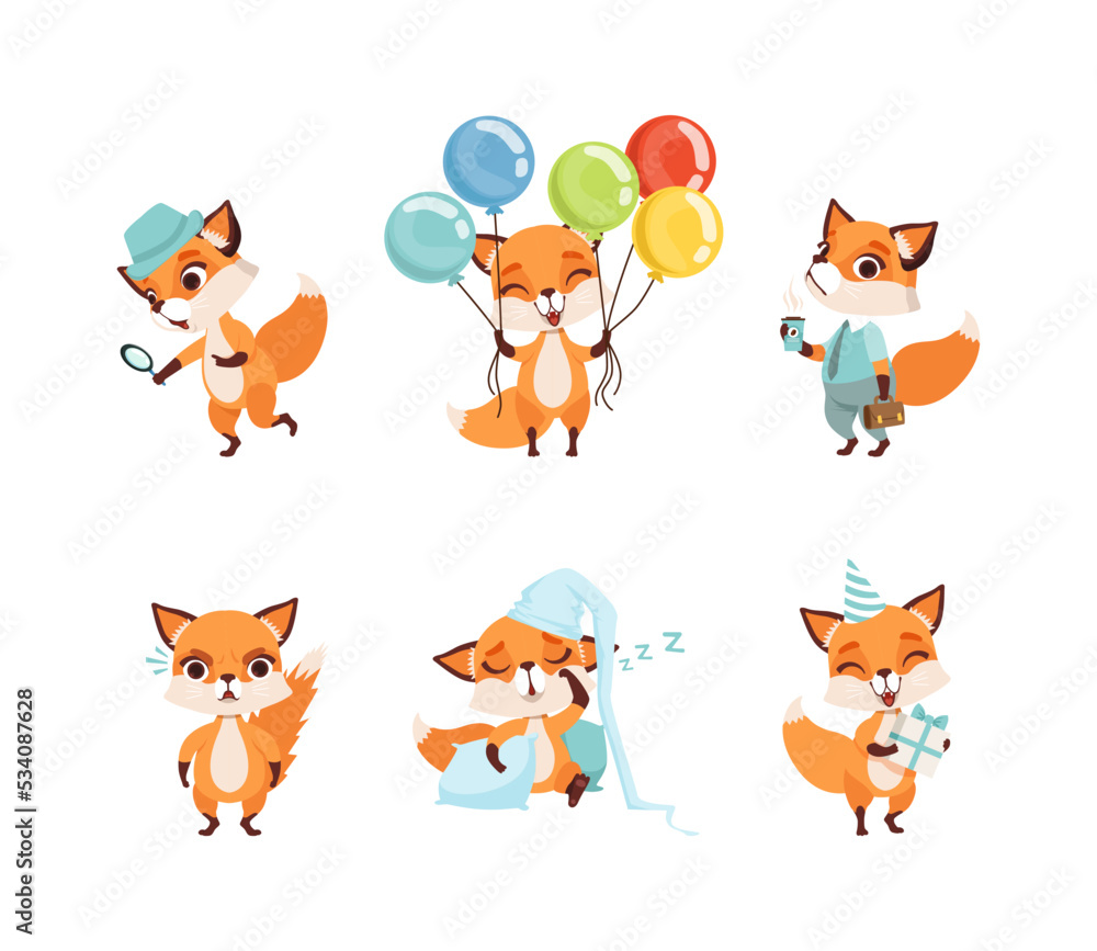 Cute fox cub in different activities set. Lovely baby animal following the trail, holding colorful balloons, drinking coffee, sleeping cartoon vector illustration