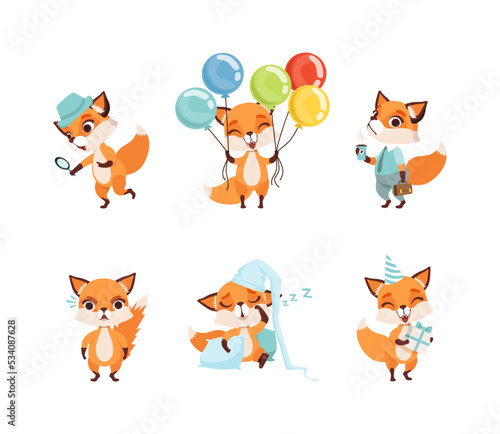 Cute fox cub in different activities set. Lovely baby animal following the trail, holding colorful balloons, drinking coffee, sleeping cartoon vector illustration