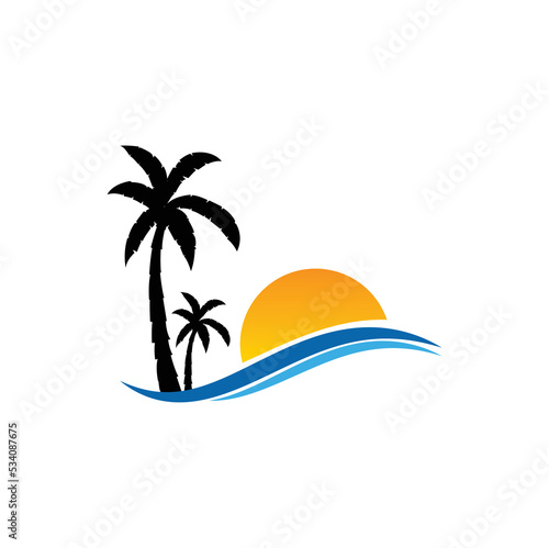 sunset with palm tree illustration minimal logo design 