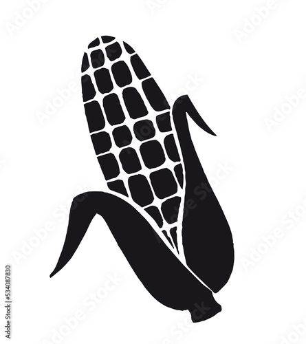 Woodcut corn icon. Natural and organic product, healthy food, vegetarianism. Agriculture, harvest and farm. Sticker for social networks and messengers, logo. Cartoon flat vector illustration