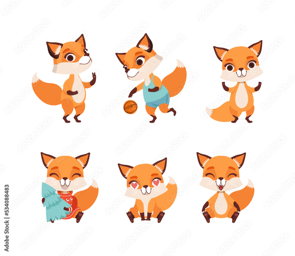 Cute fox cub in different everyday activities set cartoon vector illustration