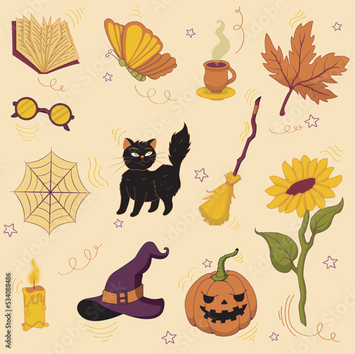 Elementos de Halloween. Colección Vintage de otoño, Librería café. Elementos de brujas hechicería.