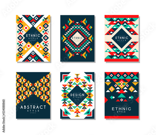 Ethnic abstract style card templates set. Colorful geometric banner, brochure, poster, cover, flyer design cartoon vector illustration