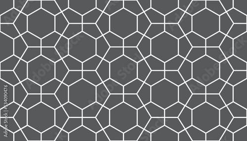 Overlapping large and small hexagons in a contemporary repeat outline pattern in white outline against a dark gray color background, geometric vector illustration © Hi-Point