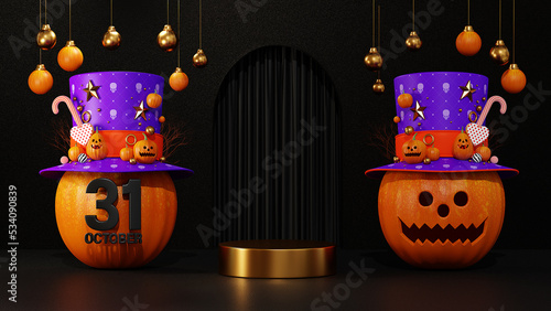 3d rendering happy halloween, gold podium background, pumpkin in hat, hanging and decoration ball on black background, October 31st for banner website, template, product display or greeting card