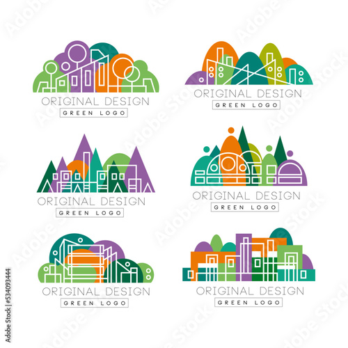Green logo templates design set. City landscape with buildings and trees. Corporate identity labels vector illustration