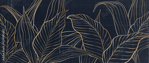 Luxury ink art background with tropical leaves in gold line art style. Botanical abstract blue banner for wallpaper design, print, packaging, decor, textile, fabric, invitations.