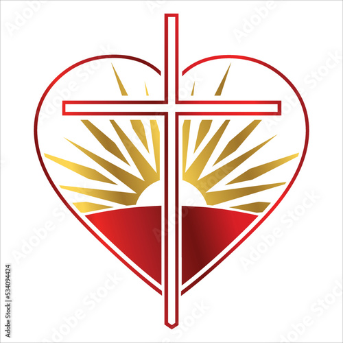 Church logo. Heart shape with a cross and sun inside. Christian icon of a heart a sun and a cross