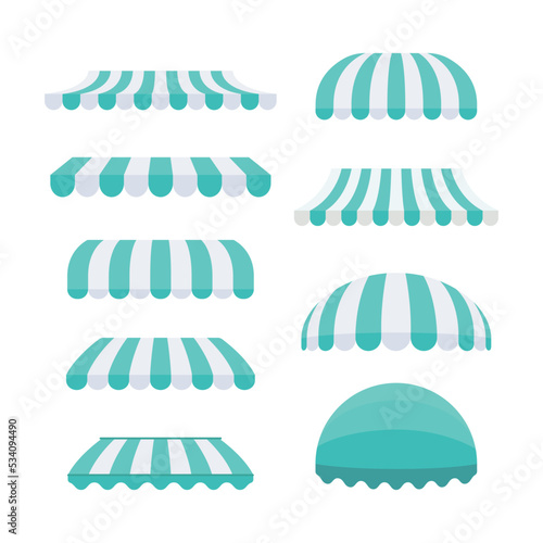 Tosca and white sunshade Outdoor awnings for cafe and shop window vector set isolated