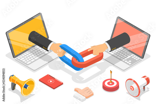 Schilderij op canvas 3D Isometric Flat  Concept of Link Building, SEO, Backlink Strategy