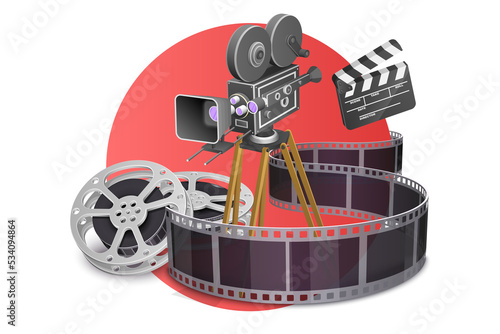 3D Concept of Film Production Composition with Clapperboard, Filmstrip.