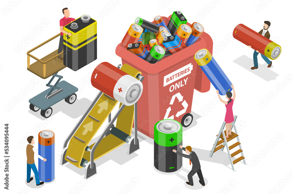 3D Isometric Flat Conceptual Illustration of Proper Handling Used Batteries. 3D Isometric Flat Conceptual Illustration of Proper Handling Used Batteries.