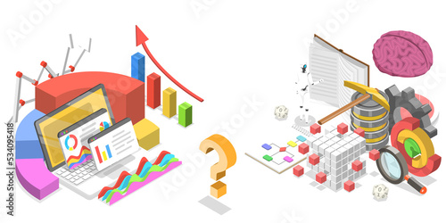 Comparison of Data Analytics and Data Science. 3D Isometric Flat Illustration.