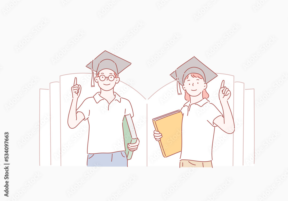 Little boy and girl in academic hat with book. Hand drawn style vector design illustrations.