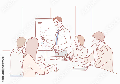 Businessman presenting to colleagues at a meeting. Hand drawn style vector design illustrations.