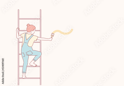 Cute little girl standing on a ladder and painting yellow line on a white wall. Hand drawn style vector design illustrations.