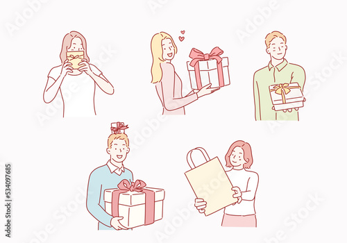 People who are happy to receive gifts. Hand drawn style vector design illustrations.