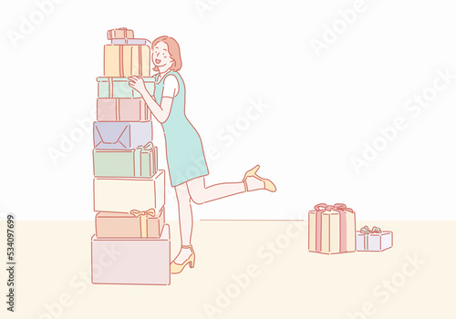 Happy girl smiling and laughing, receiving holidy present at home. Hand drawn style vector design illustrations.