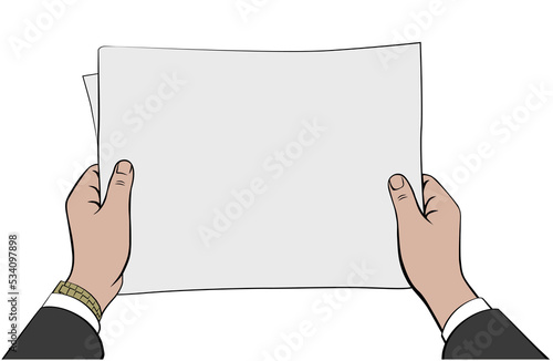 hands holding blank paper, newspaper imitation