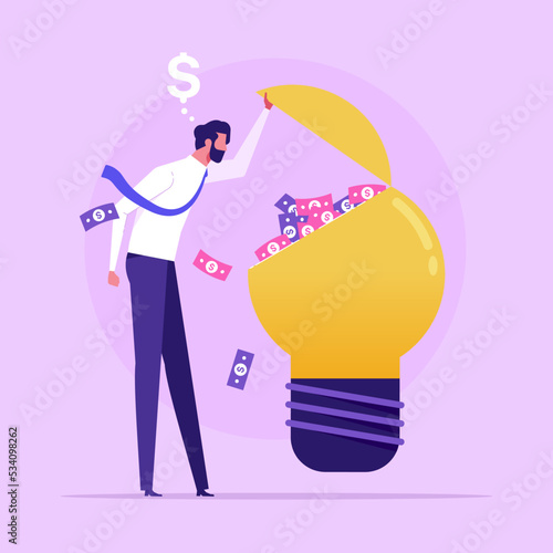 Businessman open light bulb with full money. idea make money concept, light bulb like idea make earning, vector illustration of business
