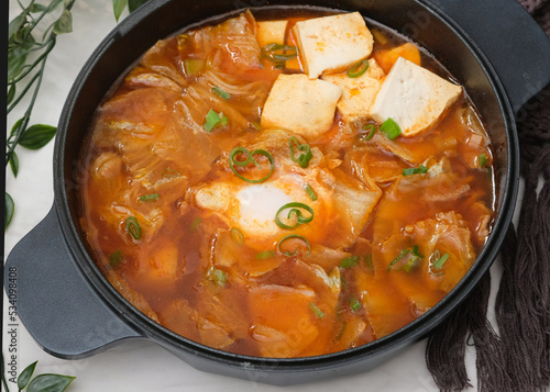 Korean spicy silken tofu stew which is called Sundubu Jjigae. Popular food in Korean Drama
