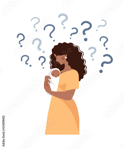 Postpartum depression concept illustration. A black woman hugs a child and thinks, question marks around. Flat vector isolated illustration of pregnancy and motherhood.