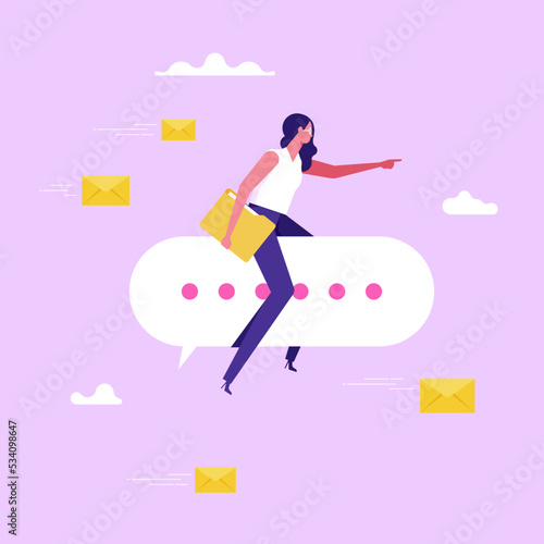 Communication for business, sending message, announcement or dialog for success, meeting talk or communicate idea concept, businesswoman ride speech bubble pointing to target
