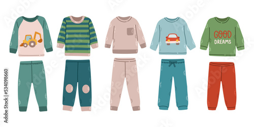 Boys pajamas set. Textile night clothes for kids sleepwear bedtime pajamas vector colored pictures