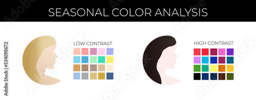 Seasonal Color Analysis Low and High Contrast Illustration with Color Swatches and Blonde and Black Hair Woman