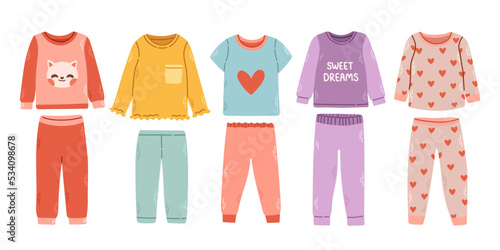 Girl pajamas set. Textile night clothes for kids sleepwear bedtime pajamas vector colored pictures photo