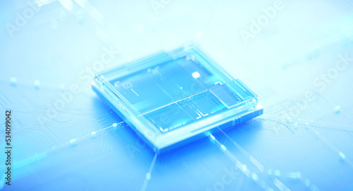 3D rendering of cyberpunk AI. Circuit board. Technology background. Central Computer Processors CPU and GPU concept. Motherboard digital chip. Tech science background.