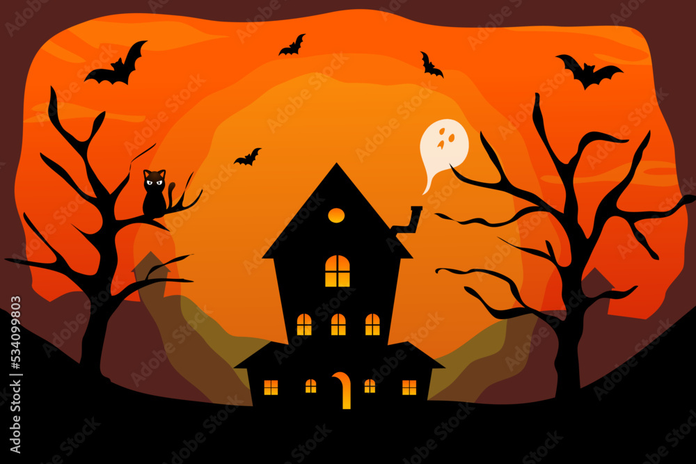 halloween background with house, cat and bats