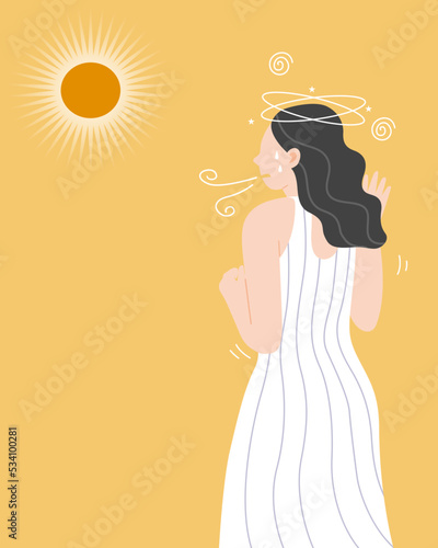 A woman standing under sun light on hot weather and having headache, breathless, dizzy and chest pain. sunstroke concept. flat vector illustration.
