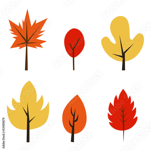 set of autumn leaves, consist of maple, birch, oak, and elm leaf with orang, yellow, and red color for fall or autumn decoration