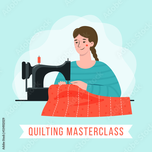 Craftswoman sews a quilt. Woman seamstress at her workplace with sewing machine. Cute vector illustration in flat style for the quilting master class