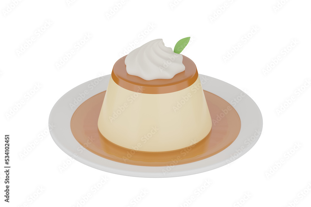 custard pudding caramel with caramel sauce and whipped cream. 3D rendering custard pudding caramel with caramel sauce and whipped cream. 3D rendering