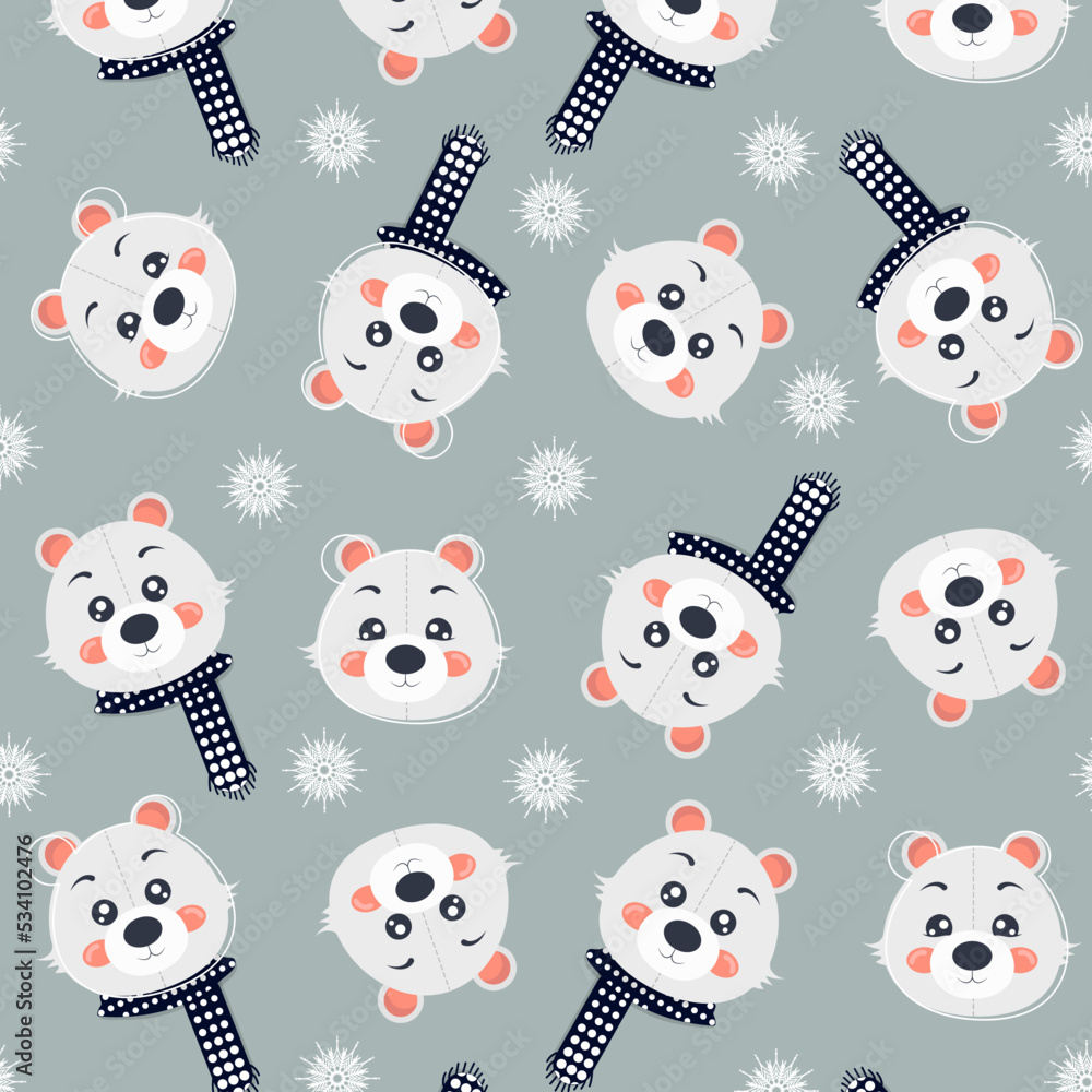 Seamless pattern, polar bears and snowflakes