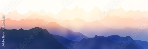 Sunrise in the mountains  mountain ranges in the morning haze  panoramic view  vector illustration