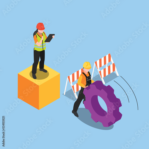 Workers pushing a large gear isometric 3d vector illustration concept for banner, website, illustration, landing page, flyer, etc.