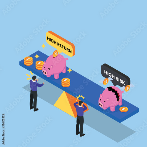 Businessman with seesaw and piggy bank - high return high risk isometric 3d vector illustration concept for banner, website, illustration, landing page, flyer, etc.