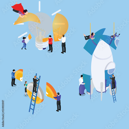 business project startup process, idea through planning and strategy, time management, realization isometric 3d vector illustration concept for banner, website, illustration, landing page, flyer, etc.