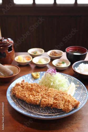 Pork cutlet and shredded cabbage,and rice,miso soup