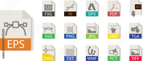 Illustrator file format collection. FXG, AI,EPS, PDF, AIT, SVG, PNG, JPG, EMF, TGA, TIFF, TXT, WMF, PCT, DXF, DWG. File type vector and icons.