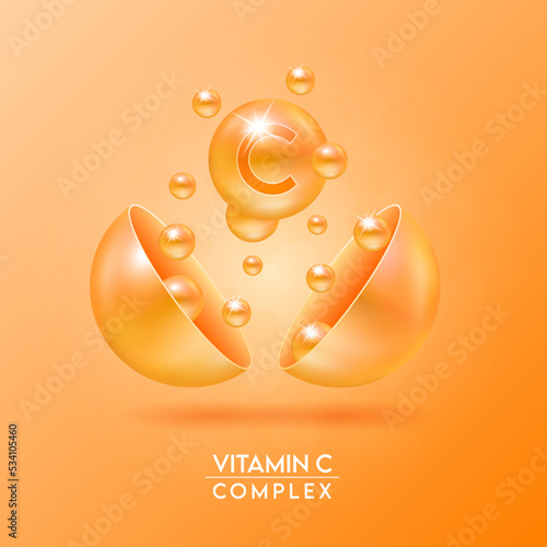 Vitamin C complex and Minerals float out of the capsule isolated on orange background. Dietary supplement for pharmacy advertisement, package design. Vector EPS10.